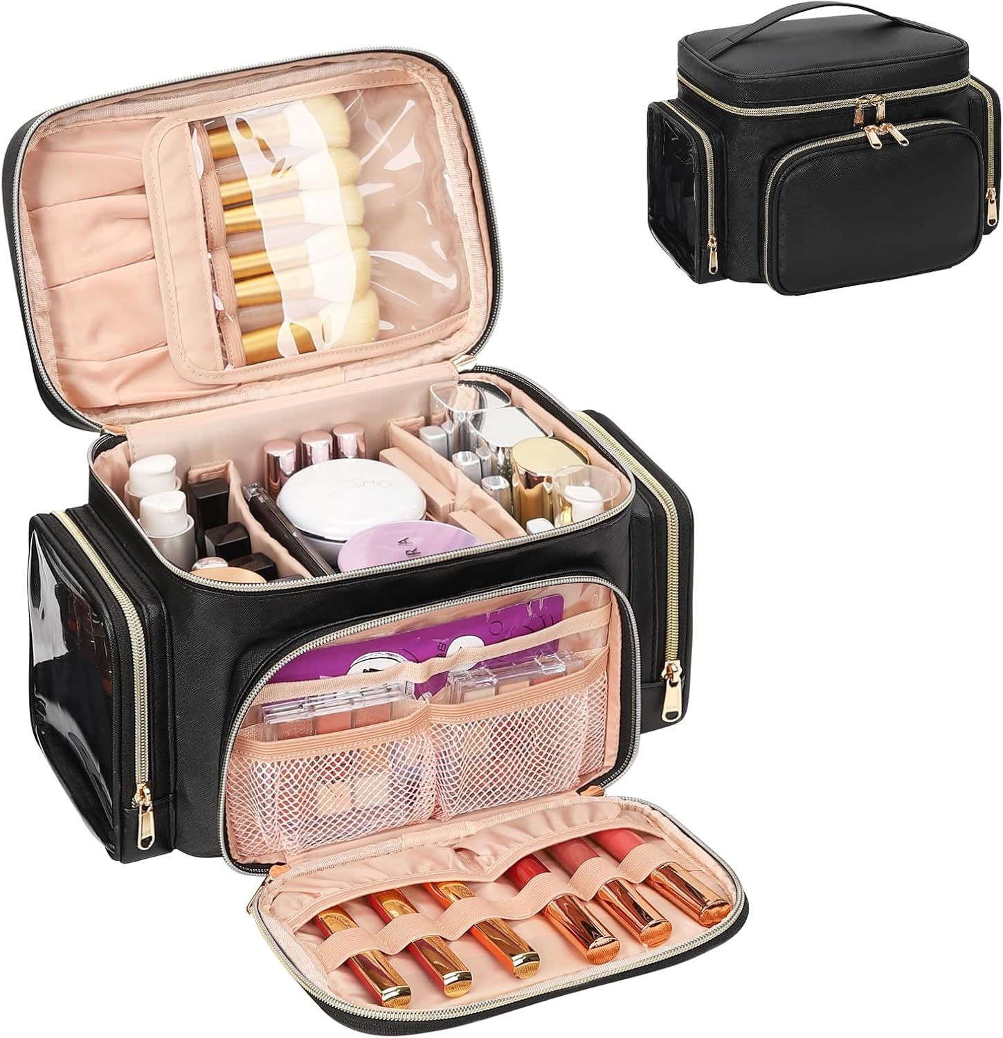 Large Travel Makeup Bag PU Leather with Brush Holder