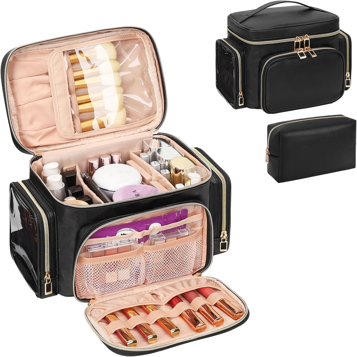 Large Travel Makeup Bag PU Leather with Brush Holder