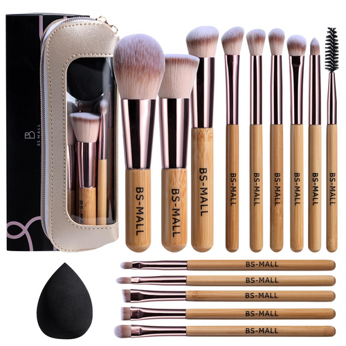 14-Piece Travel Makeup Brush Set with Leather Case & Sponge Kit