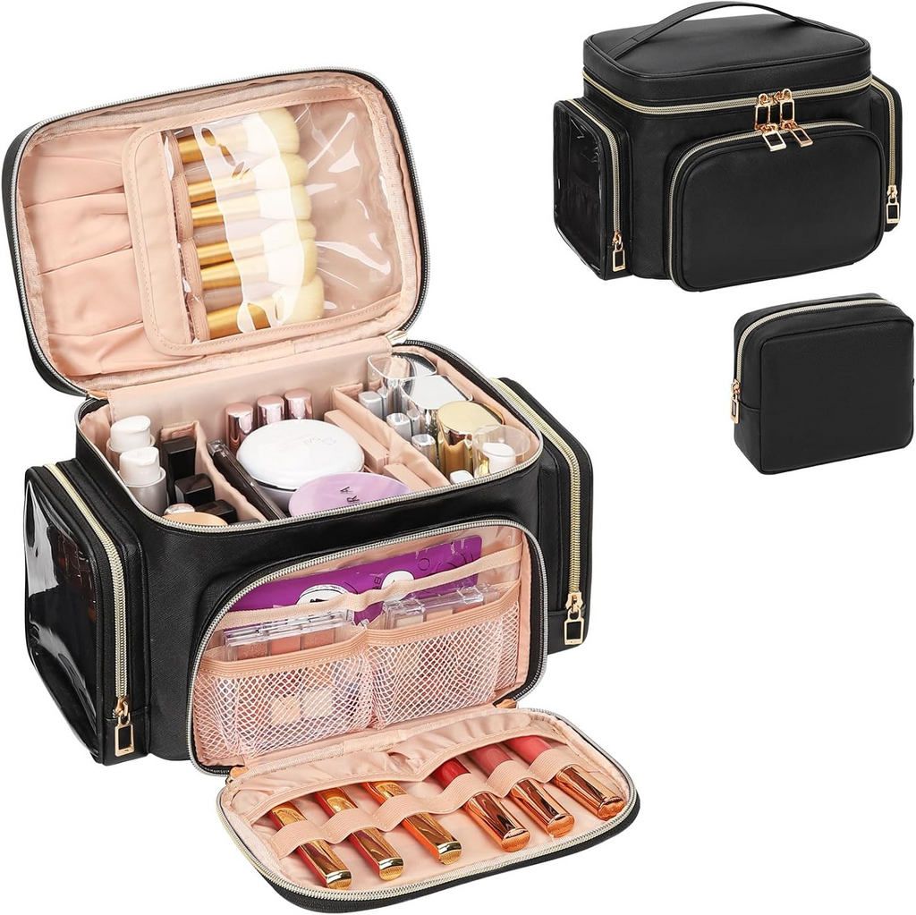 Large Travel Makeup Bag PU Leather with Brush Holder