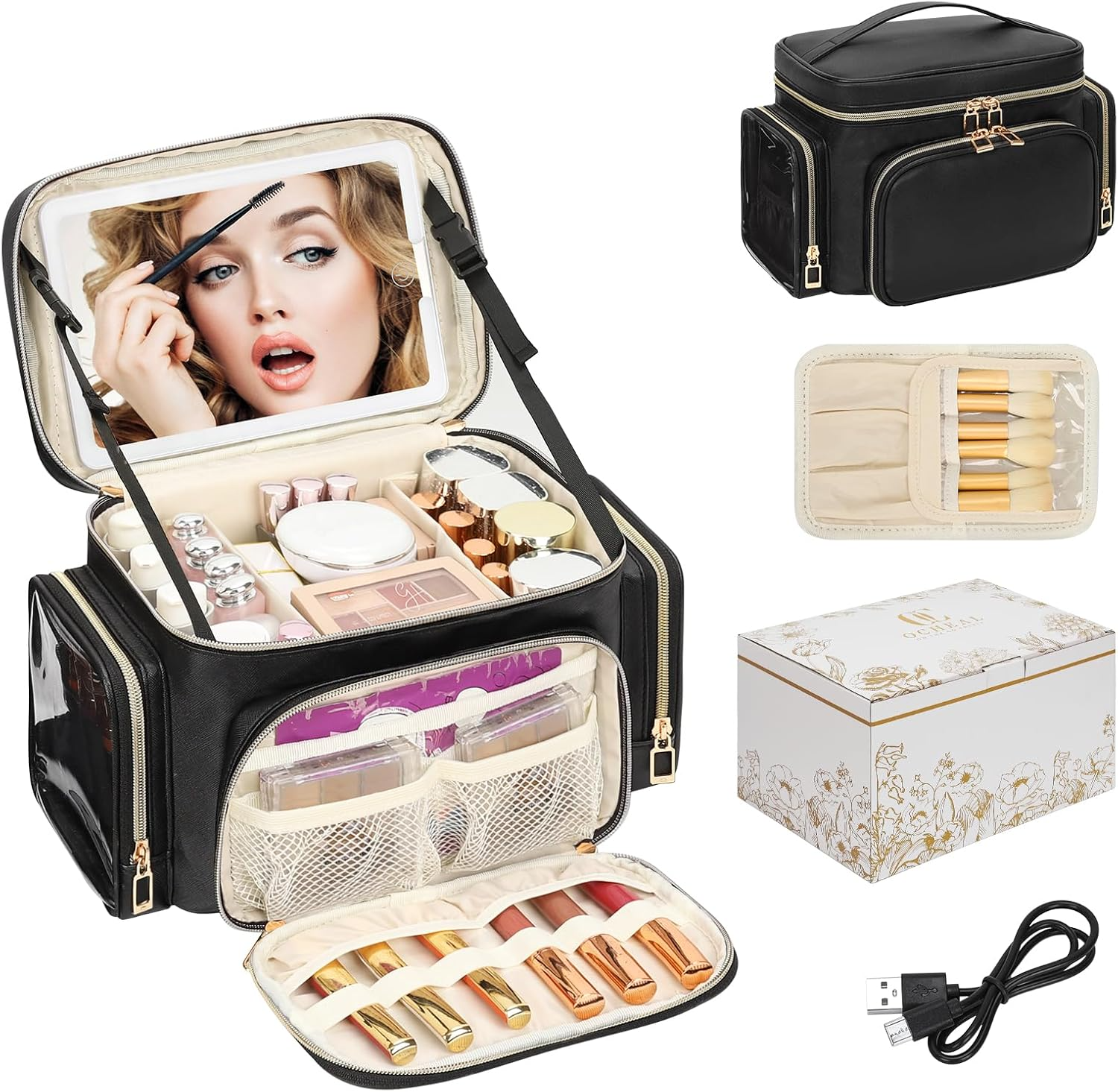 Large Travel Makeup Bag PU Leather with Brush Holder