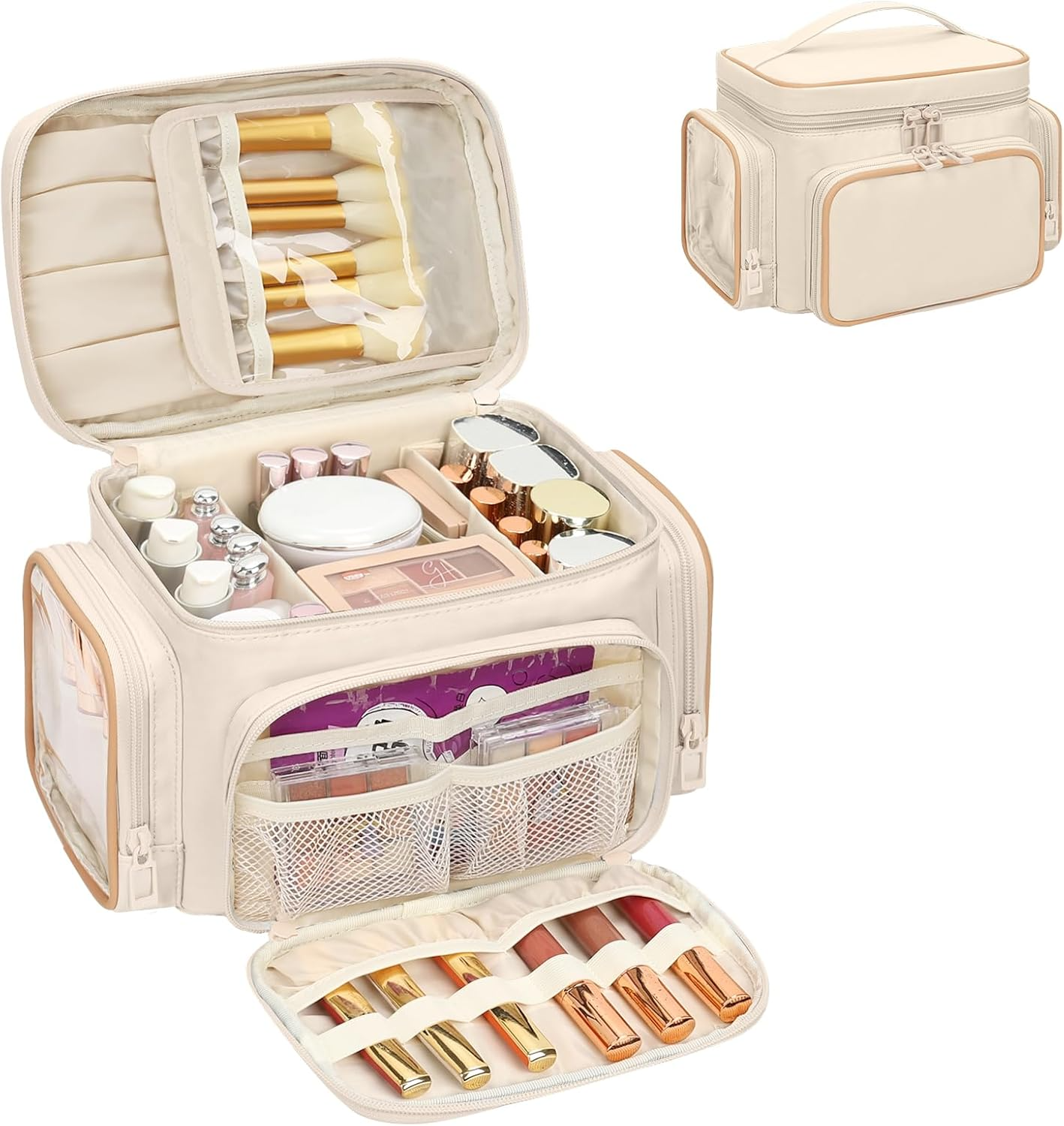 Large Travel Makeup Bag PU Leather with Brush Holder