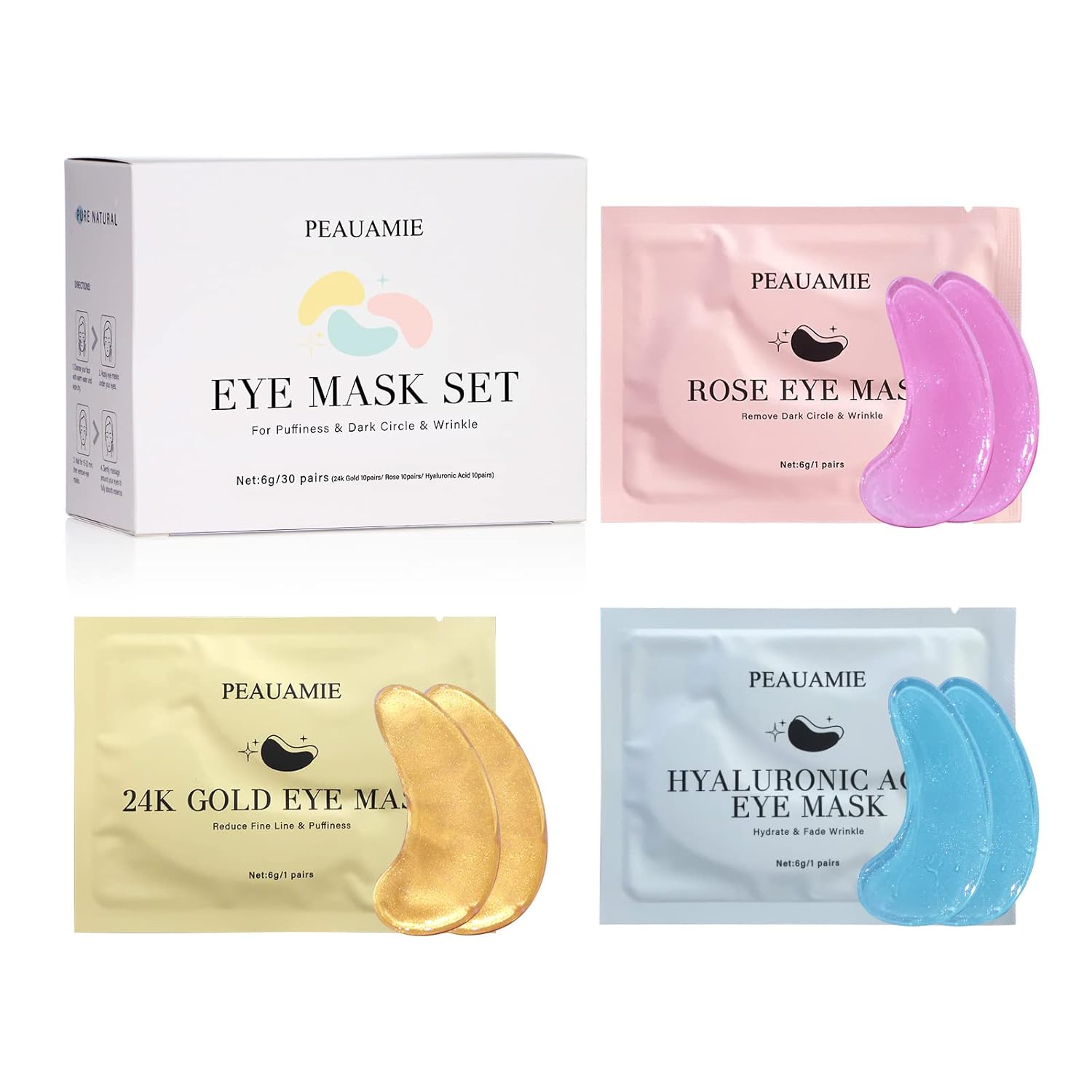 PEAUAMIE Under Eye Patches Gold and Hyaluronic Acid for puffy eyes,Rose Eye Masks for Dark Circles and Puffiness skin care Smooth Wrinkles products 30 Pairs