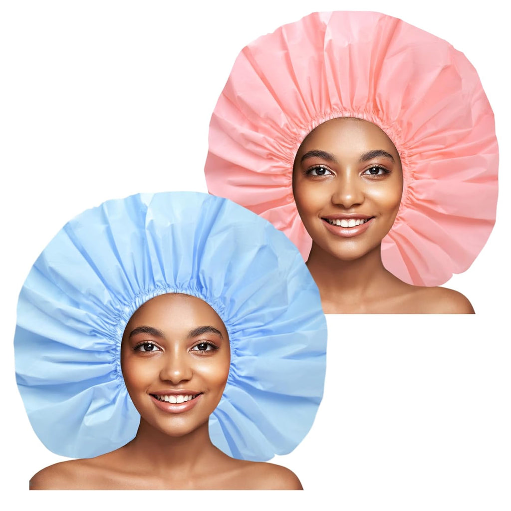 Pink + Blue Jumbo Size Shower Cap 2 PCS Waterproof Shower Caps for Women, Extra Large Shower Cap, Reusable Super Large Bath Caps Hair Cap for Long Thick Curly Hair, Locs, Twist Braids (Copy) (Copy)