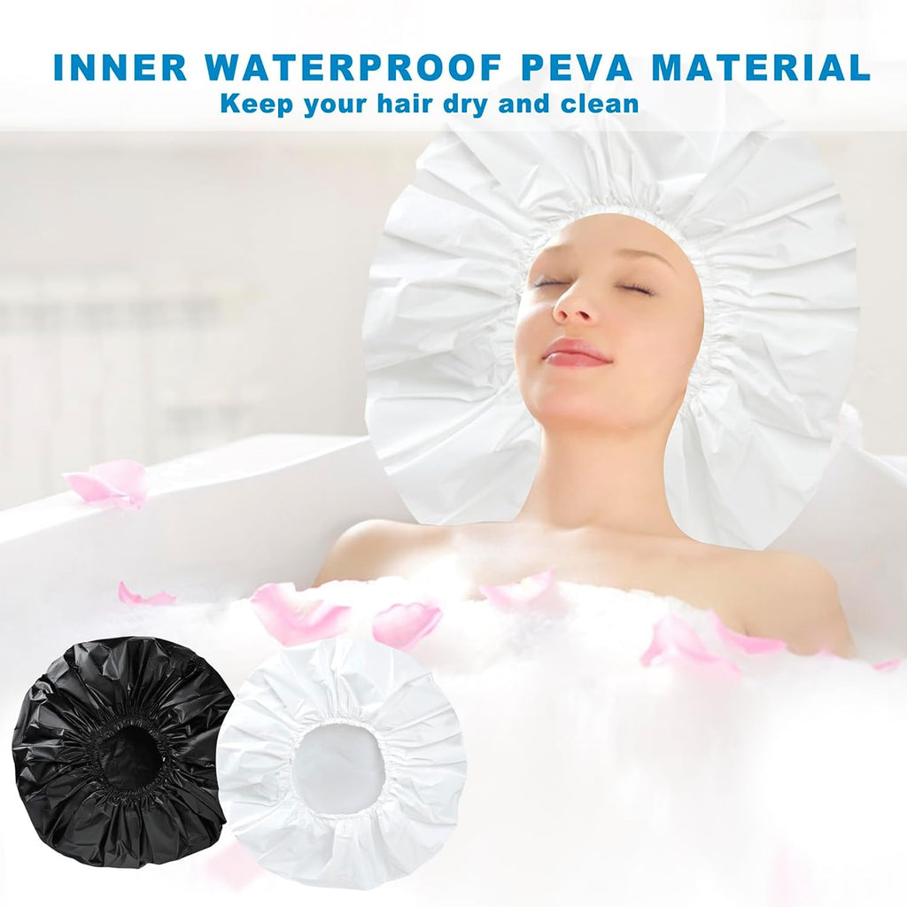 Black + White Jumbo Size Shower Cap 2 PCS Waterproof Shower Caps for Women, Extra Large Shower Cap, Reusable Super Large Bath Caps Hair Cap for Long Thick Curly Hair, Locs, Twist Braids