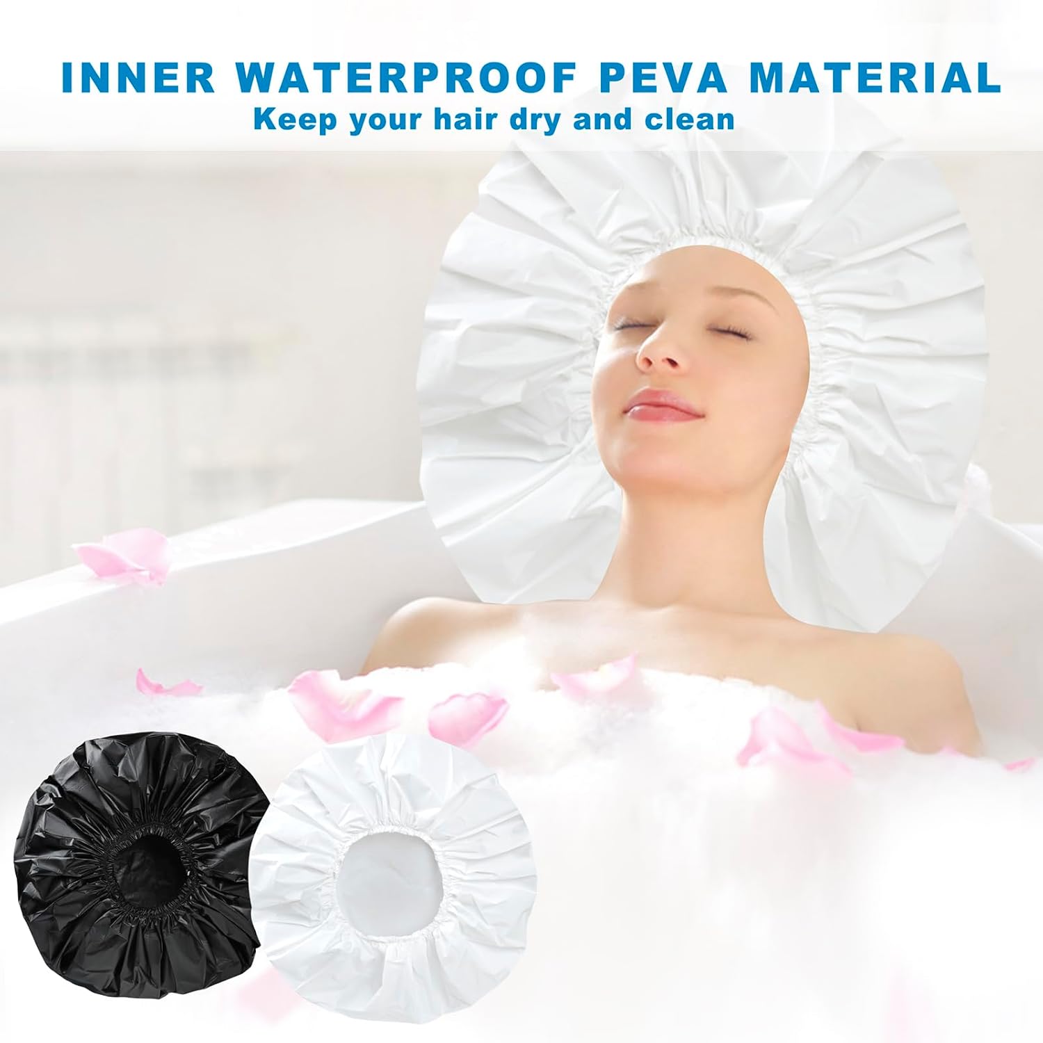 Black + White Jumbo Size Shower Cap 2 PCS Waterproof Shower Caps for Women, Extra Large Shower Cap, Reusable Super Large Bath Caps Hair Cap for Long Thick Curly Hair, Locs, Twist Braids