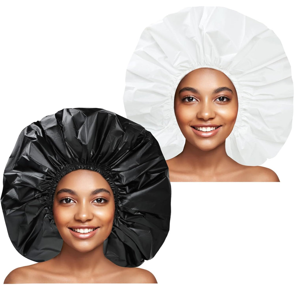 Black + White Jumbo Size Shower Cap 2 PCS Waterproof Shower Caps for Women, Extra Large Shower Cap, Reusable Super Large Bath Caps Hair Cap for Long Thick Curly Hair, Locs, Twist Braids