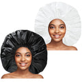 Black + White Jumbo Size Shower Cap 2 PCS Waterproof Shower Caps for Women, Extra Large Shower Cap, Reusable Super Large Bath Caps Hair Cap for Long Thick Curly Hair, Locs, Twist Braids