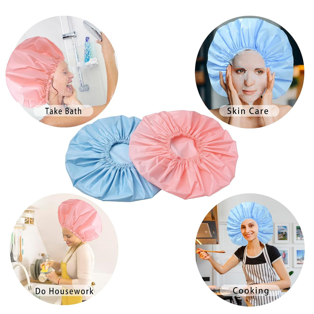 Pink + Blue Jumbo Size Shower Cap 2 PCS Waterproof Shower Caps for Women, Extra Large Shower Cap, Reusable Super Large Bath Caps Hair Cap for Long Thick Curly Hair, Locs, Twist Braids (Copy) (Copy)