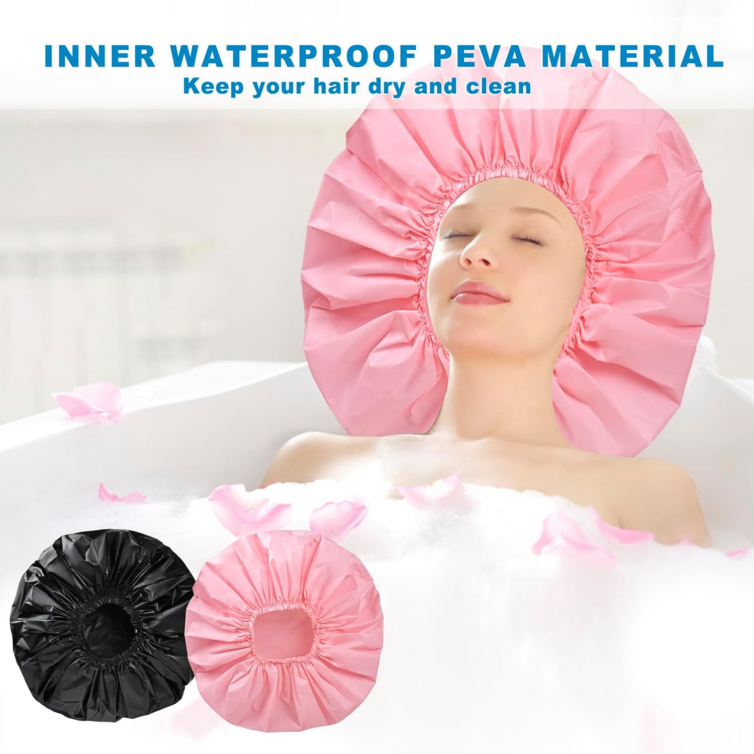 Black + Pink Jumbo Size Shower Cap 2 PCS Waterproof Shower Caps for Women, Extra Large Shower Cap, Reusable Super Large Bath Caps Hair Cap for Long Thick Curly Hair, Locs, Twist Braids