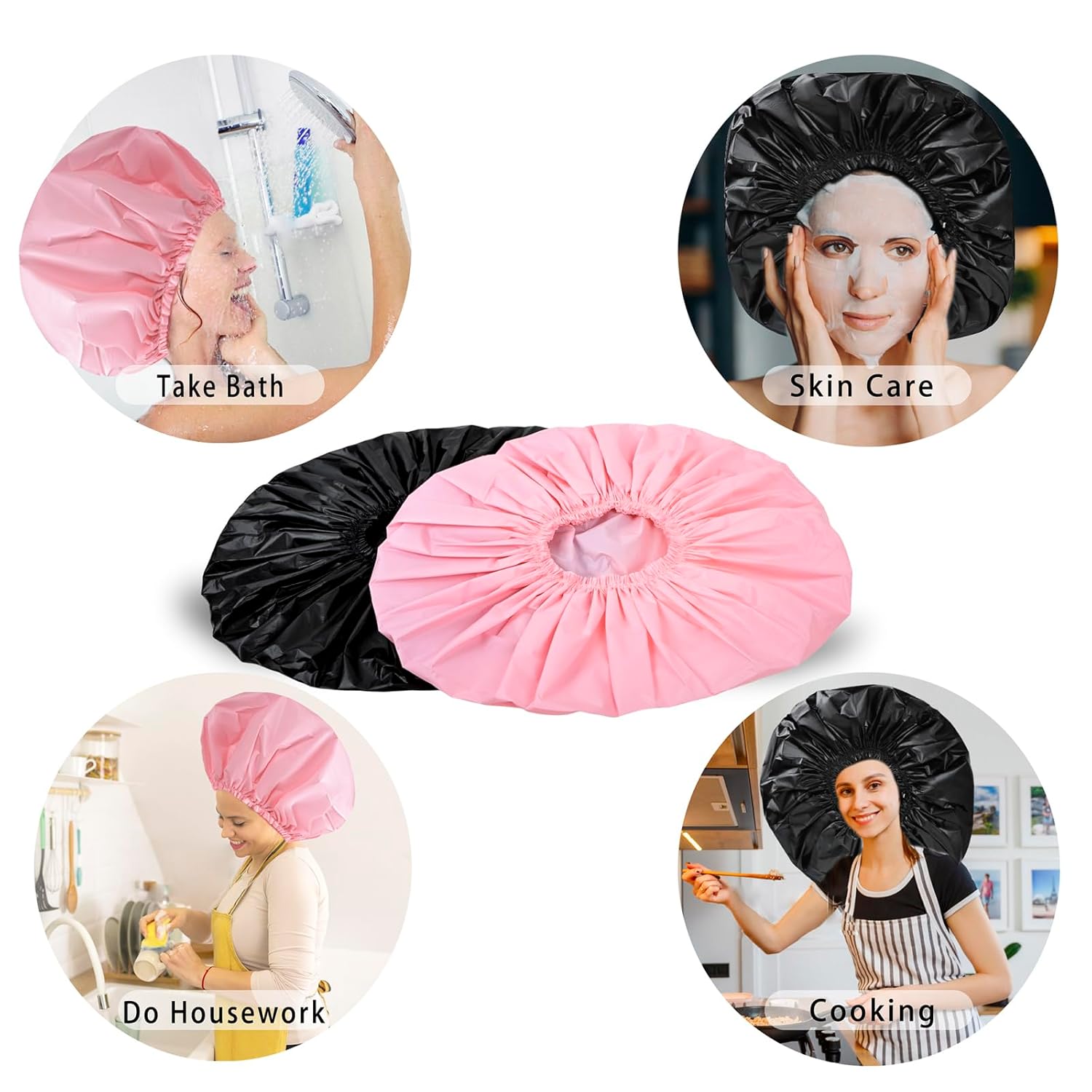 Black + Pink Jumbo Size Shower Cap 2 PCS Waterproof Shower Caps for Women, Extra Large Shower Cap, Reusable Super Large Bath Caps Hair Cap for Long Thick Curly Hair, Locs, Twist Braids