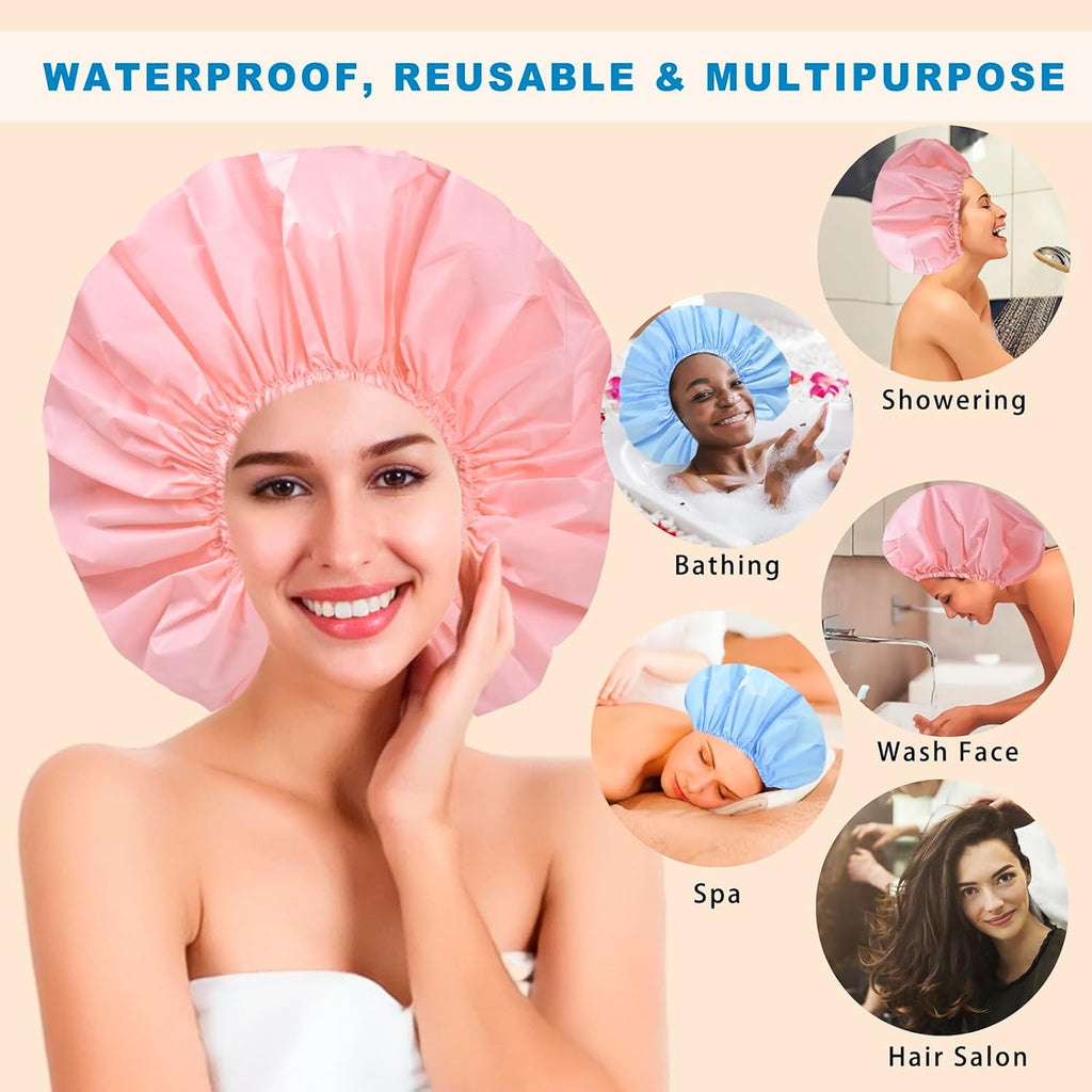 Pink + Blue Jumbo Size Shower Cap 2 PCS Waterproof Shower Caps for Women, Extra Large Shower Cap, Reusable Super Large Bath Caps Hair Cap for Long Thick Curly Hair, Locs, Twist Braids (Copy) (Copy)