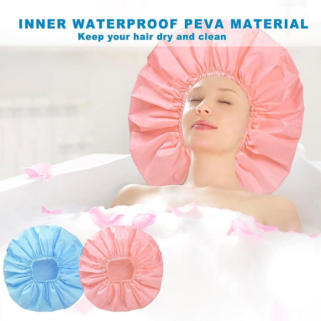 Pink + Blue Jumbo Size Shower Cap 2 PCS Waterproof Shower Caps for Women, Extra Large Shower Cap, Reusable Super Large Bath Caps Hair Cap for Long Thick Curly Hair, Locs, Twist Braids (Copy) (Copy)