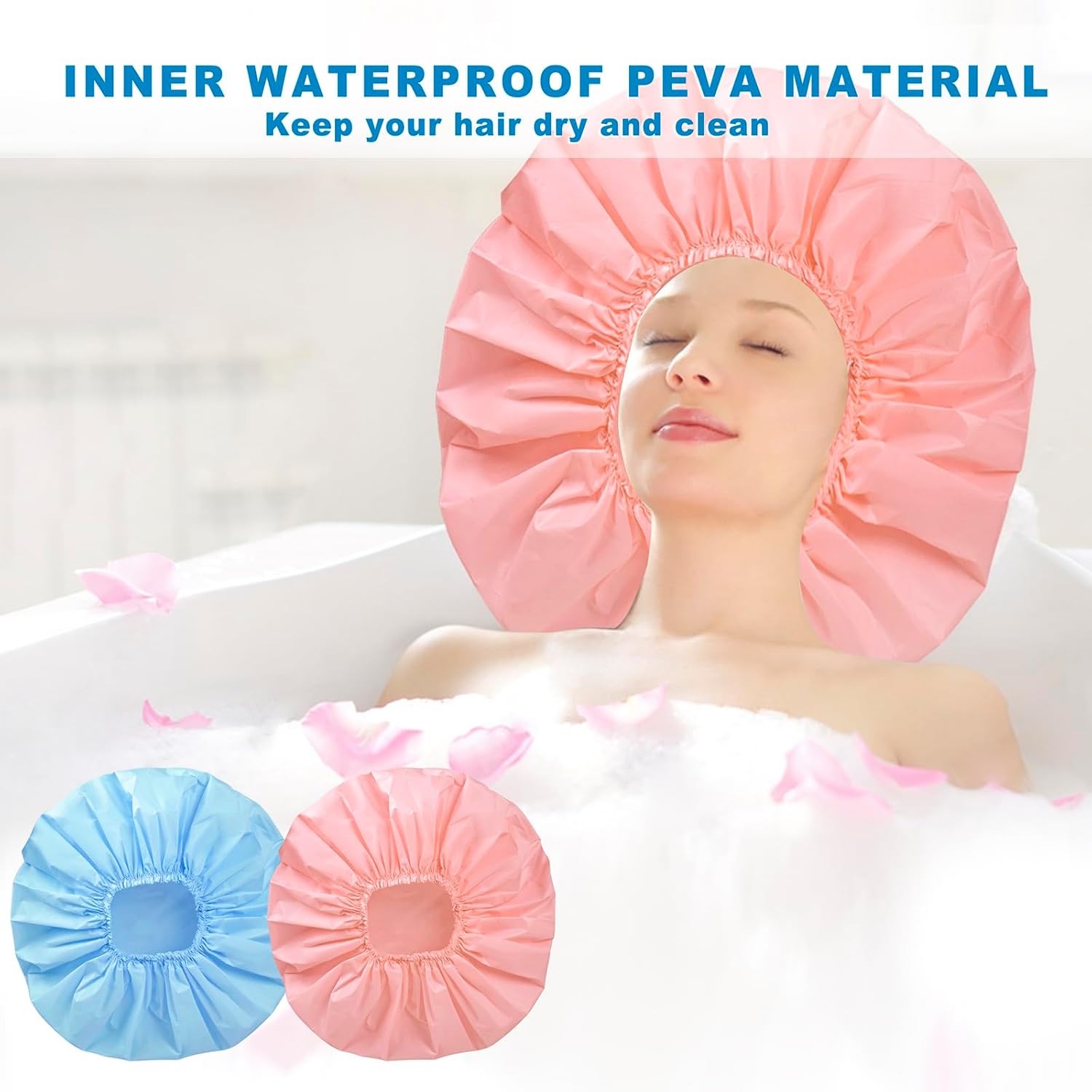 Pink + Blue Jumbo Size Shower Cap 2 PCS Waterproof Shower Caps for Women, Extra Large Shower Cap, Reusable Super Large Bath Caps Hair Cap for Long Thick Curly Hair, Locs, Twist Braids (Copy) (Copy)
