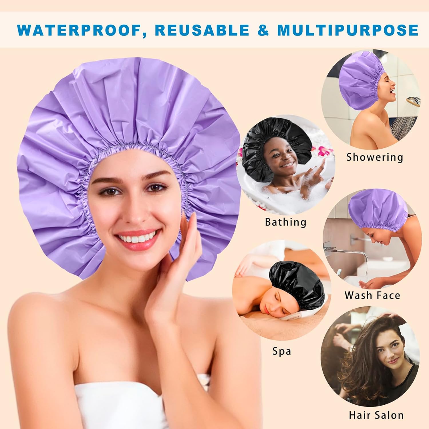 Black + Purple Jumbo Size Shower Cap 2 PCS Waterproof Shower Caps for Women, Extra Large Shower Cap, Reusable Super Large Bath Caps Hair Cap for Long Thick Curly Hair, Locs, Twist Braids