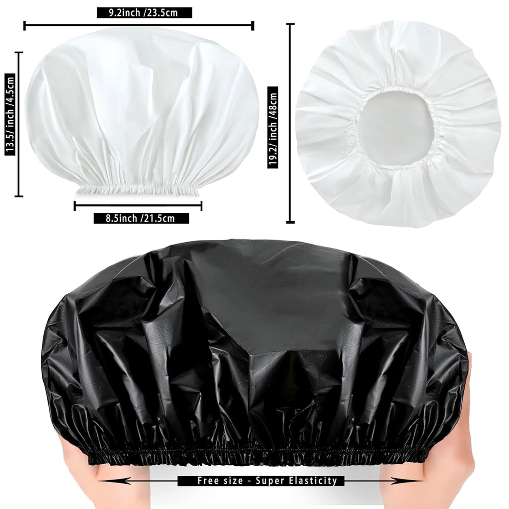 Black + White Jumbo Size Shower Cap 2 PCS Waterproof Shower Caps for Women, Extra Large Shower Cap, Reusable Super Large Bath Caps Hair Cap for Long Thick Curly Hair, Locs, Twist Braids