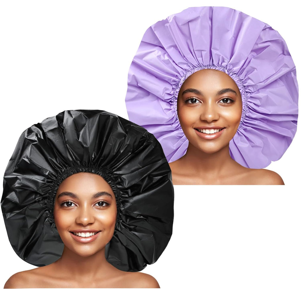 Black + Purple Jumbo Size Shower Cap 2 PCS Waterproof Shower Caps for Women, Extra Large Shower Cap, Reusable Super Large Bath Caps Hair Cap for Long Thick Curly Hair, Locs, Twist Braids