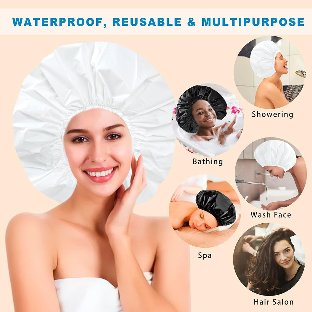 Black + White Jumbo Size Shower Cap 2 PCS Waterproof Shower Caps for Women, Extra Large Shower Cap, Reusable Super Large Bath Caps Hair Cap for Long Thick Curly Hair, Locs, Twist Braids