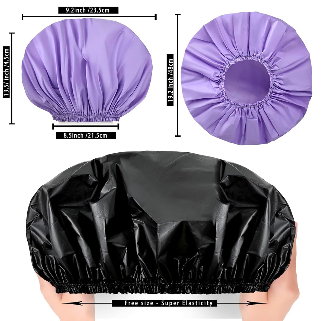 Black + Purple Jumbo Size Shower Cap 2 PCS Waterproof Shower Caps for Women, Extra Large Shower Cap, Reusable Super Large Bath Caps Hair Cap for Long Thick Curly Hair, Locs, Twist Braids