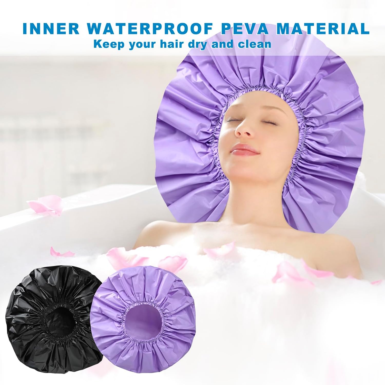 Black + Purple Jumbo Size Shower Cap 2 PCS Waterproof Shower Caps for Women, Extra Large Shower Cap, Reusable Super Large Bath Caps Hair Cap for Long Thick Curly Hair, Locs, Twist Braids