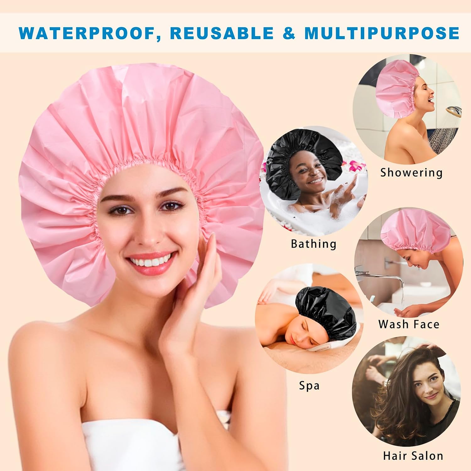 Black + Pink Jumbo Size Shower Cap 2 PCS Waterproof Shower Caps for Women, Extra Large Shower Cap, Reusable Super Large Bath Caps Hair Cap for Long Thick Curly Hair, Locs, Twist Braids