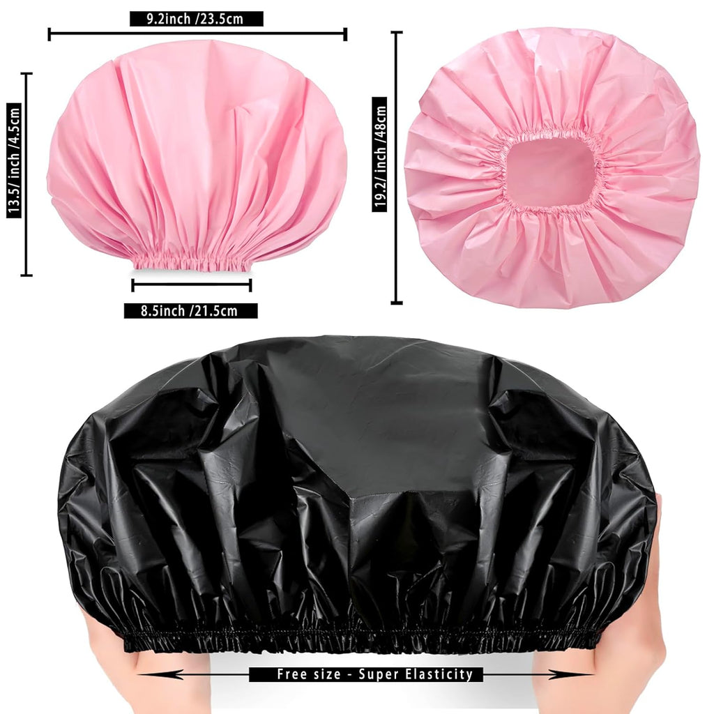 Black + Pink Jumbo Size Shower Cap 2 PCS Waterproof Shower Caps for Women, Extra Large Shower Cap, Reusable Super Large Bath Caps Hair Cap for Long Thick Curly Hair, Locs, Twist Braids