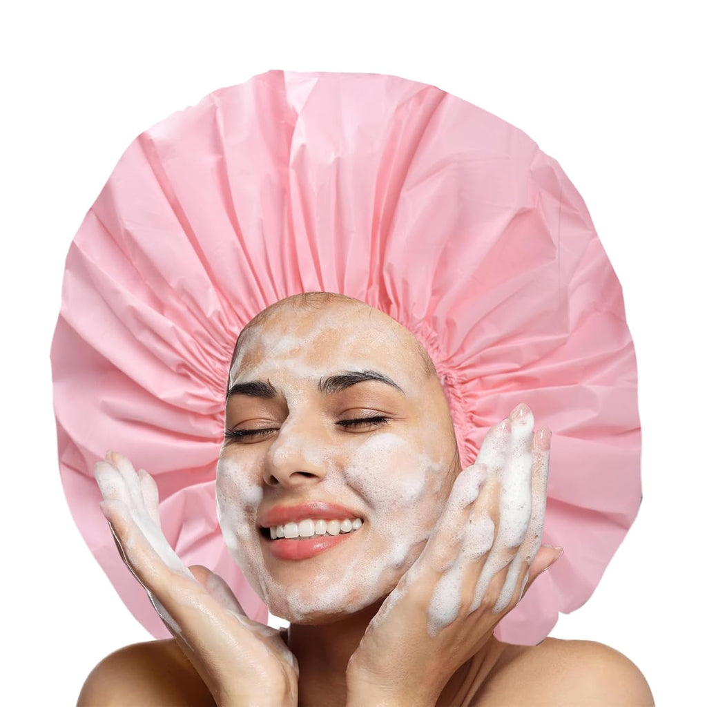 Black + Pink Jumbo Size Shower Cap 2 PCS Waterproof Shower Caps for Women, Extra Large Shower Cap, Reusable Super Large Bath Caps Hair Cap for Long Thick Curly Hair, Locs, Twist Braids