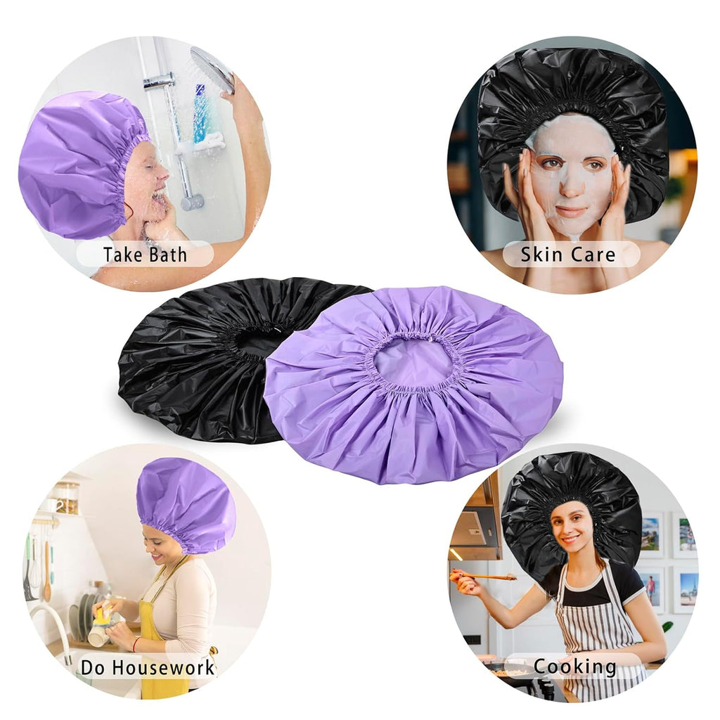Black + Purple Jumbo Size Shower Cap 2 PCS Waterproof Shower Caps for Women, Extra Large Shower Cap, Reusable Super Large Bath Caps Hair Cap for Long Thick Curly Hair, Locs, Twist Braids