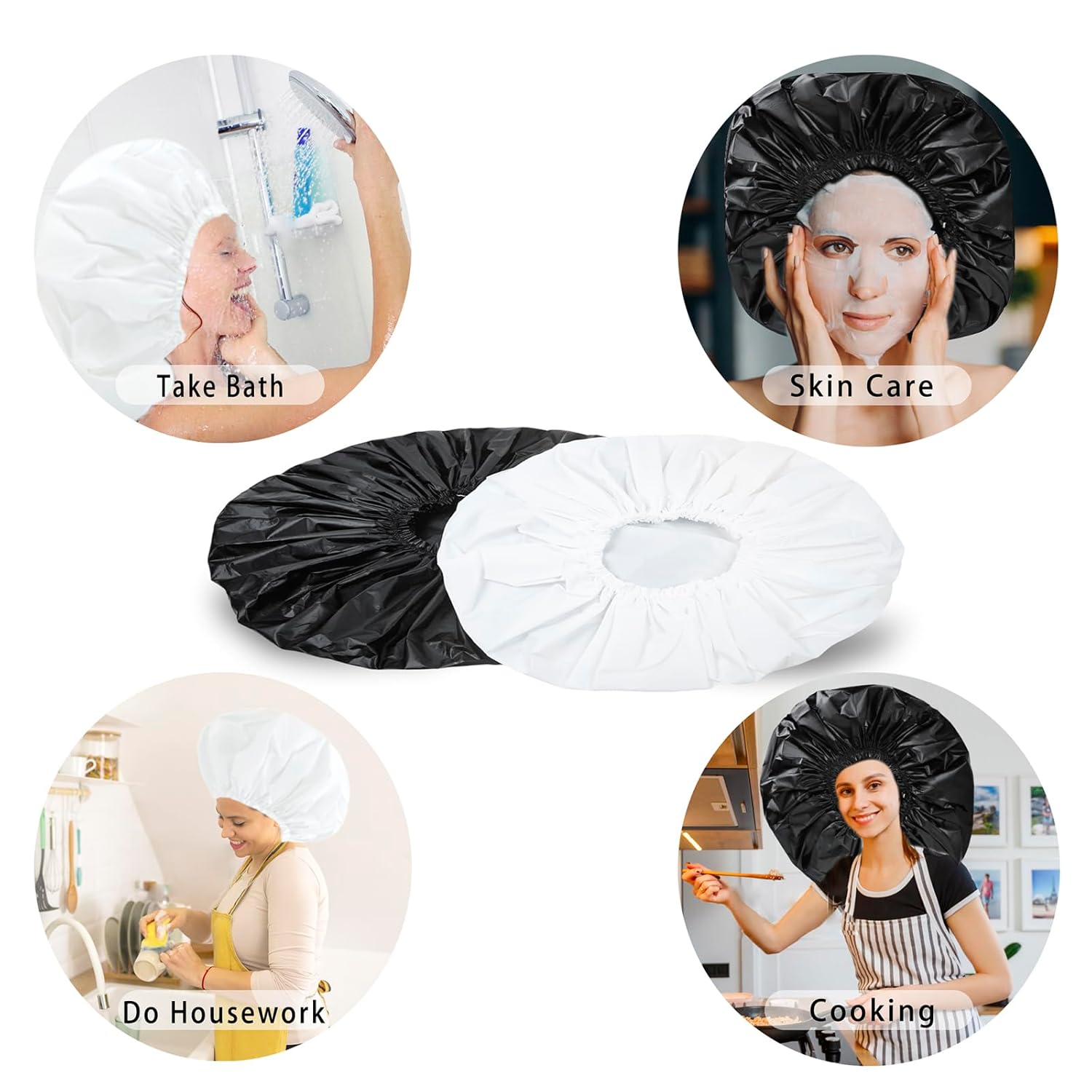 Black + White Jumbo Size Shower Cap 2 PCS Waterproof Shower Caps for Women, Extra Large Shower Cap, Reusable Super Large Bath Caps Hair Cap for Long Thick Curly Hair, Locs, Twist Braids