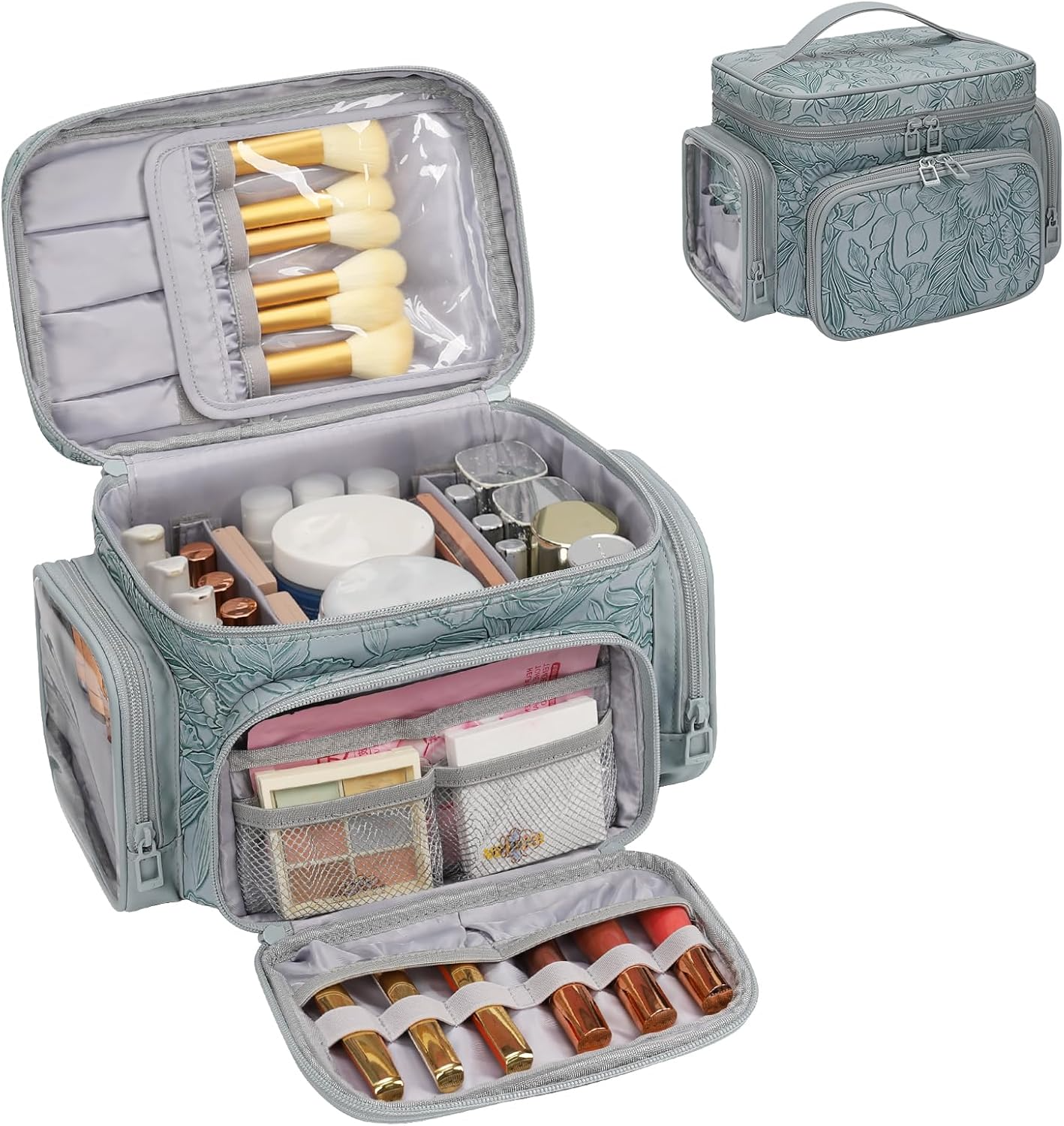 Large Travel Makeup Bag PU Leather with Brush Holder
