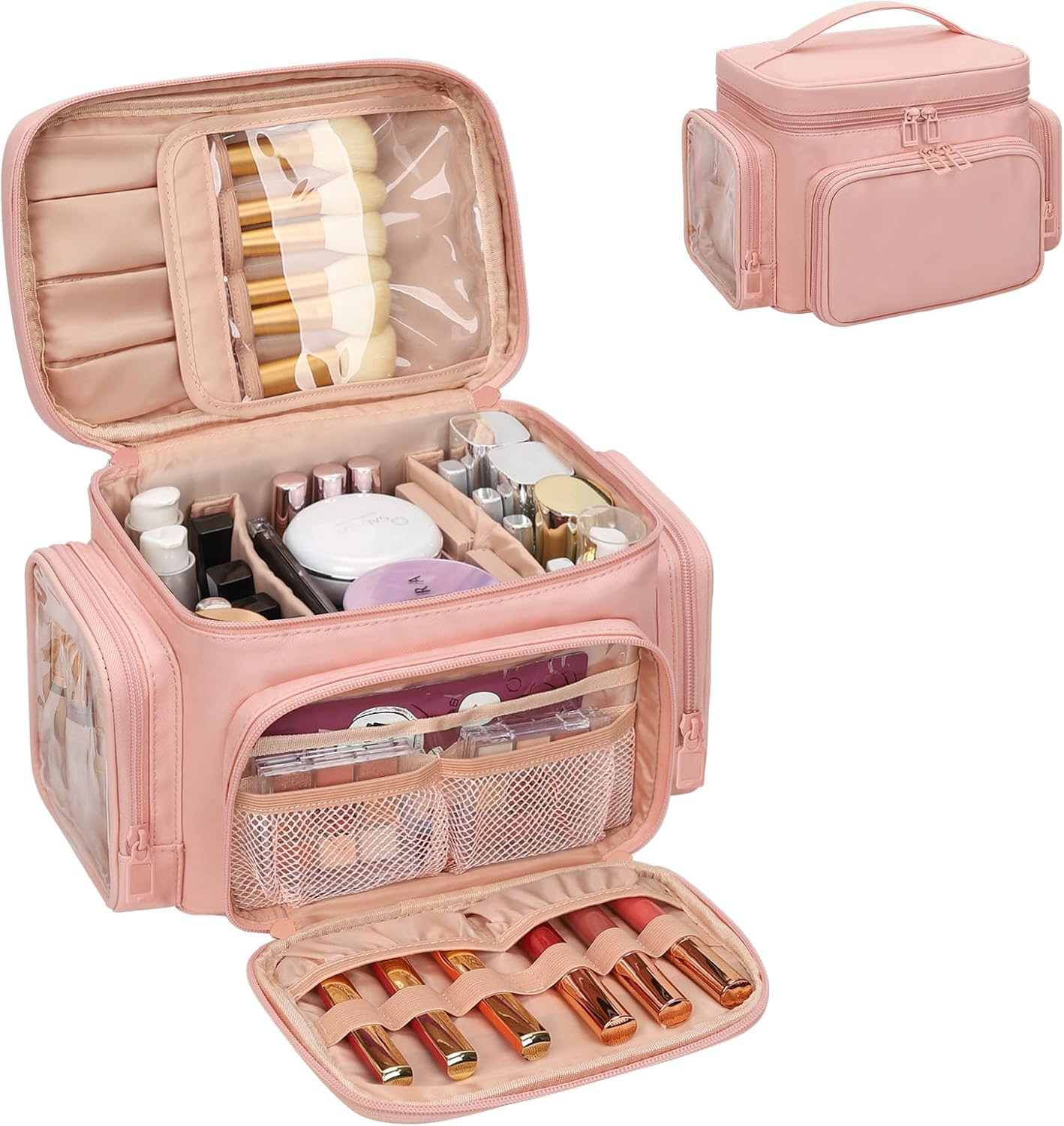 Large Travel Makeup Bag PU Leather with Brush Holder