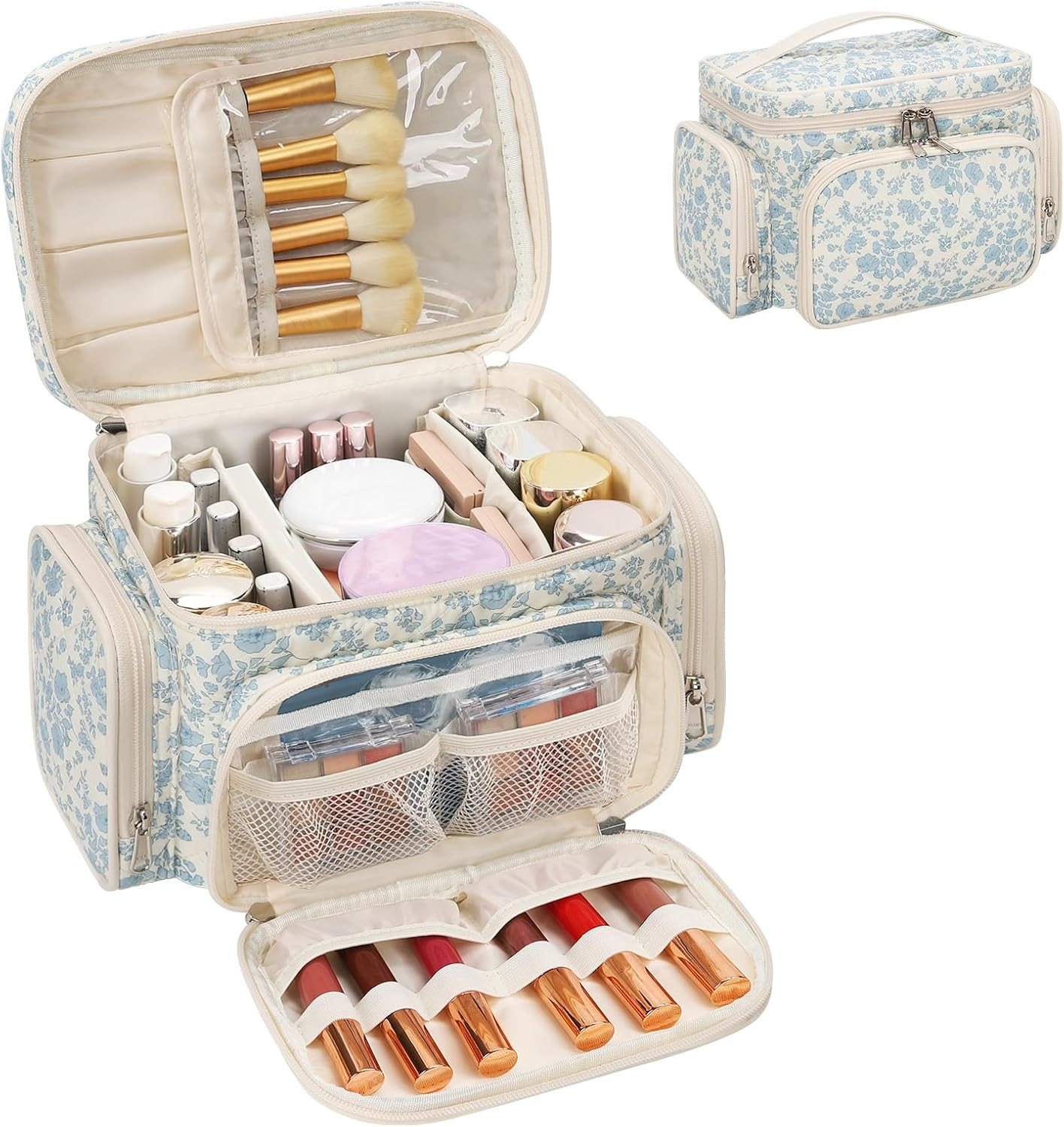 Large Travel Makeup Bag PU Leather with Brush Holder