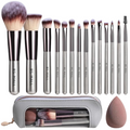 14-Piece Travel Makeup Brush Set with Leather Case & Sponge Kit