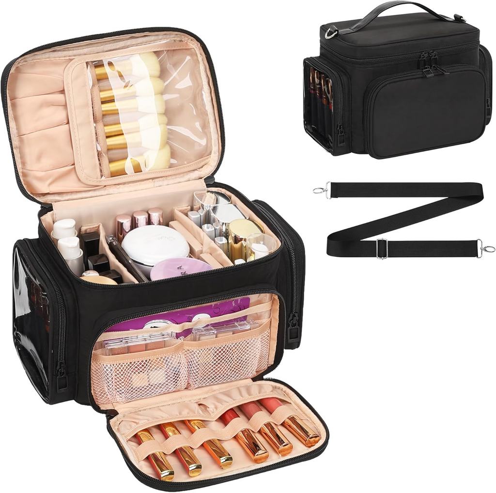 Large Travel Makeup Bag PU Leather with Brush Holder