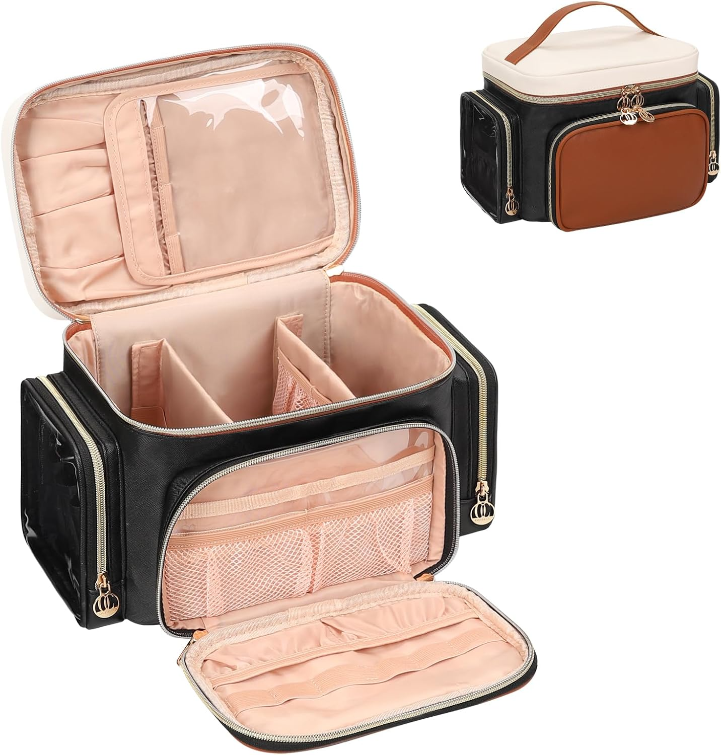 Large Travel Makeup Bag PU Leather with Brush Holder
