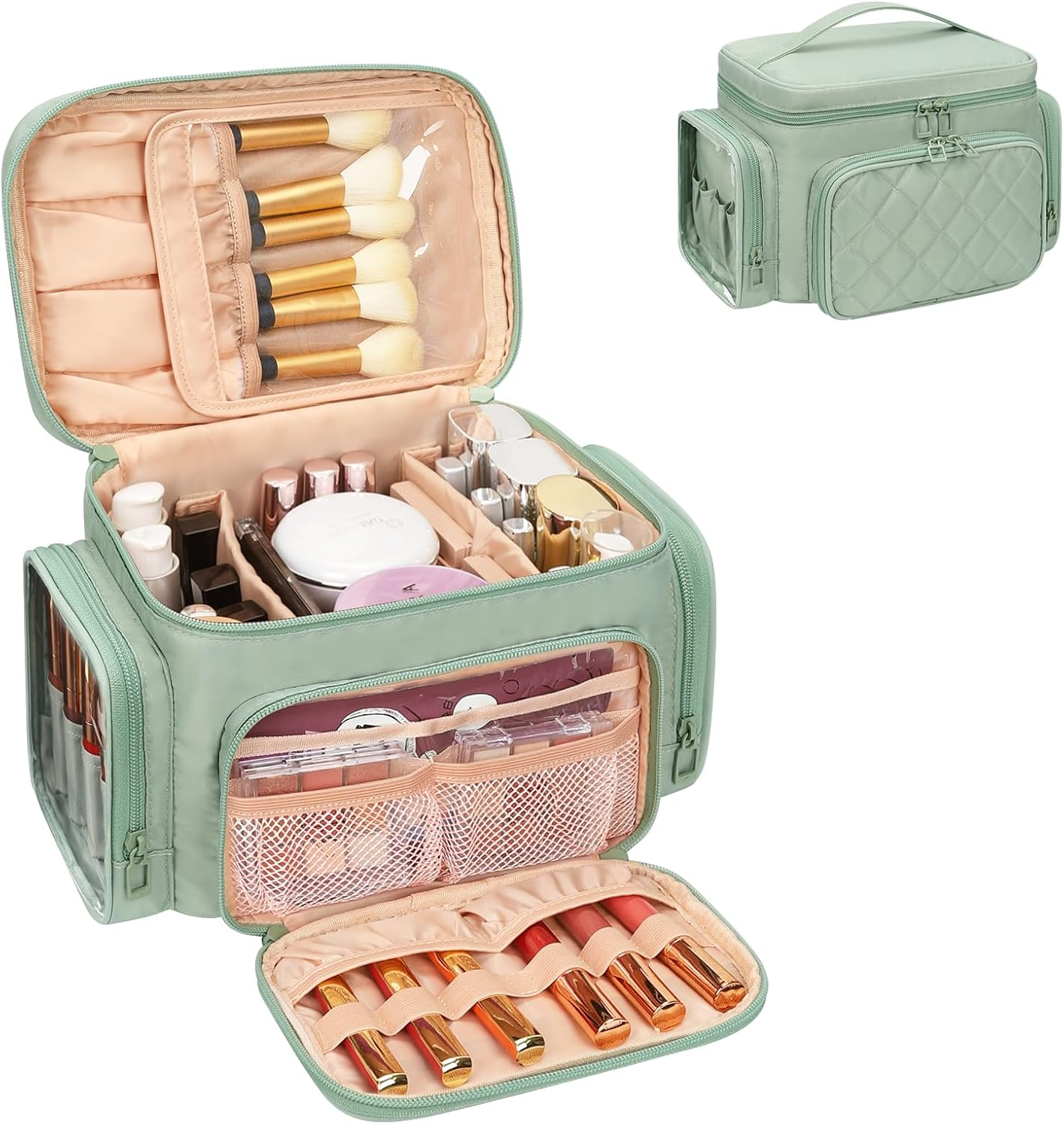 Large Travel Makeup Bag PU Leather with Brush Holder