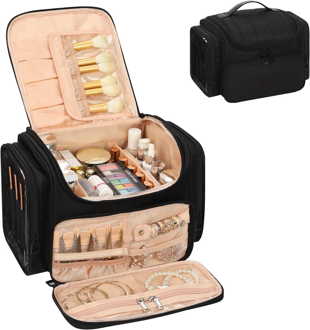 Large Travel Makeup Bag PU Leather with Brush Holder