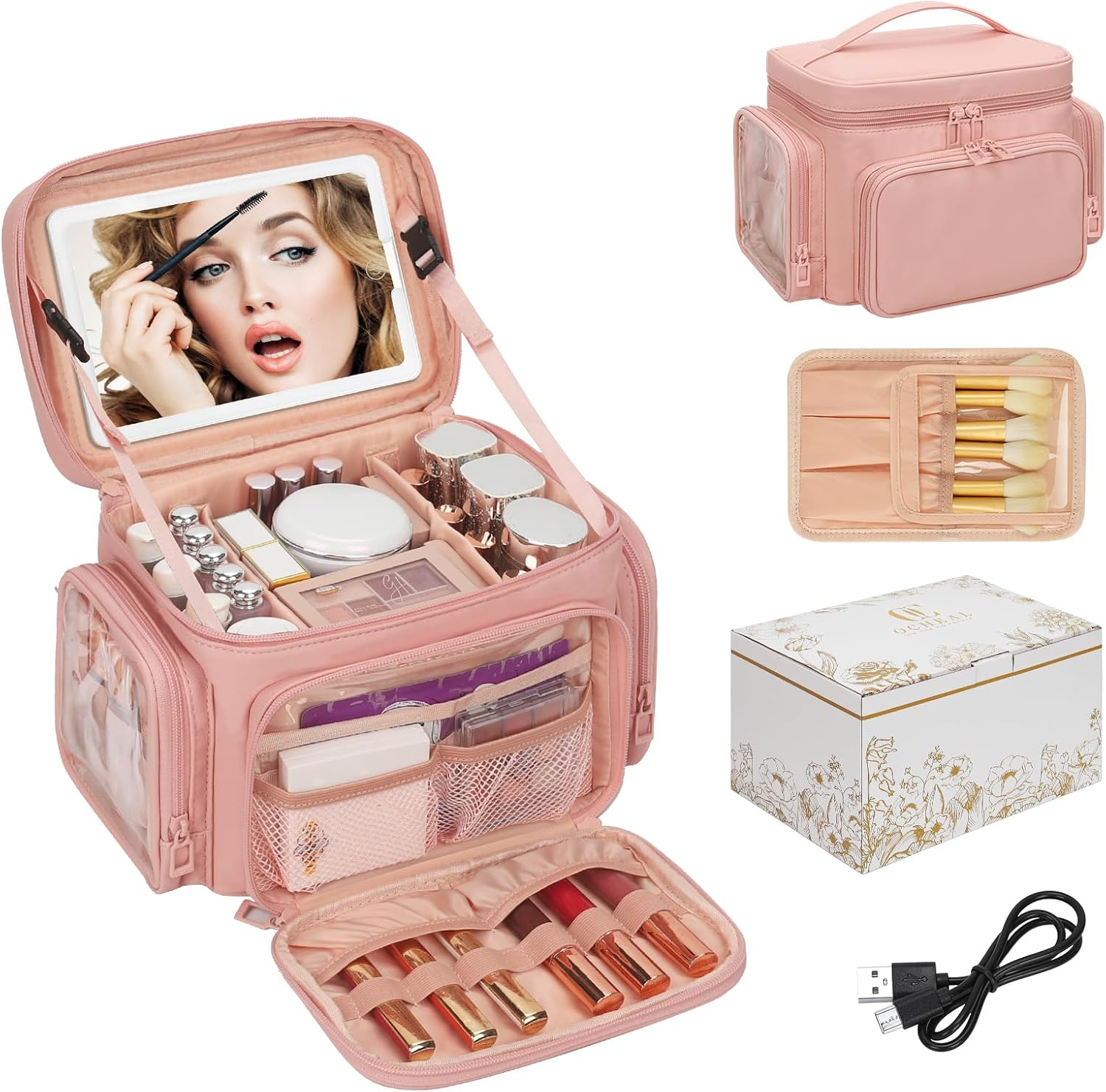 Large Travel Makeup Bag PU Leather with Brush Holder